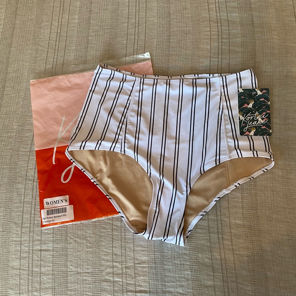 Kortni Jeane High-Waisted Swim Bottoms- Pinstripe- Medium NWT